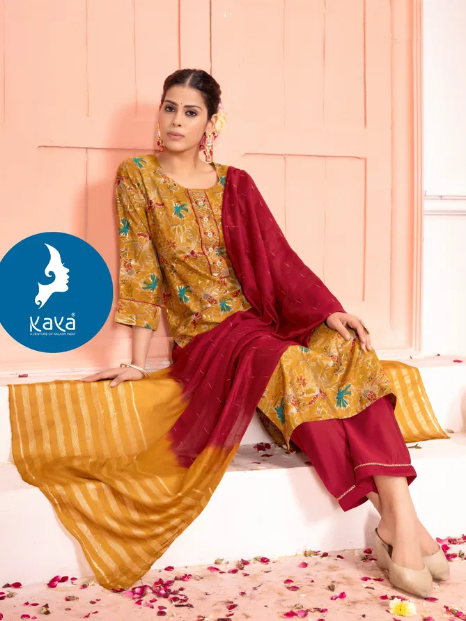 Morni 5 By Kaya Chanderi Foil Printed Kurti With Bottom Dupatta Wholesale Online
